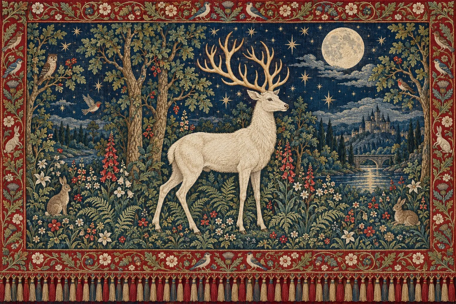 Moon Deer Forest, a woven stag surrounded by flowers beneath a moonlit sky