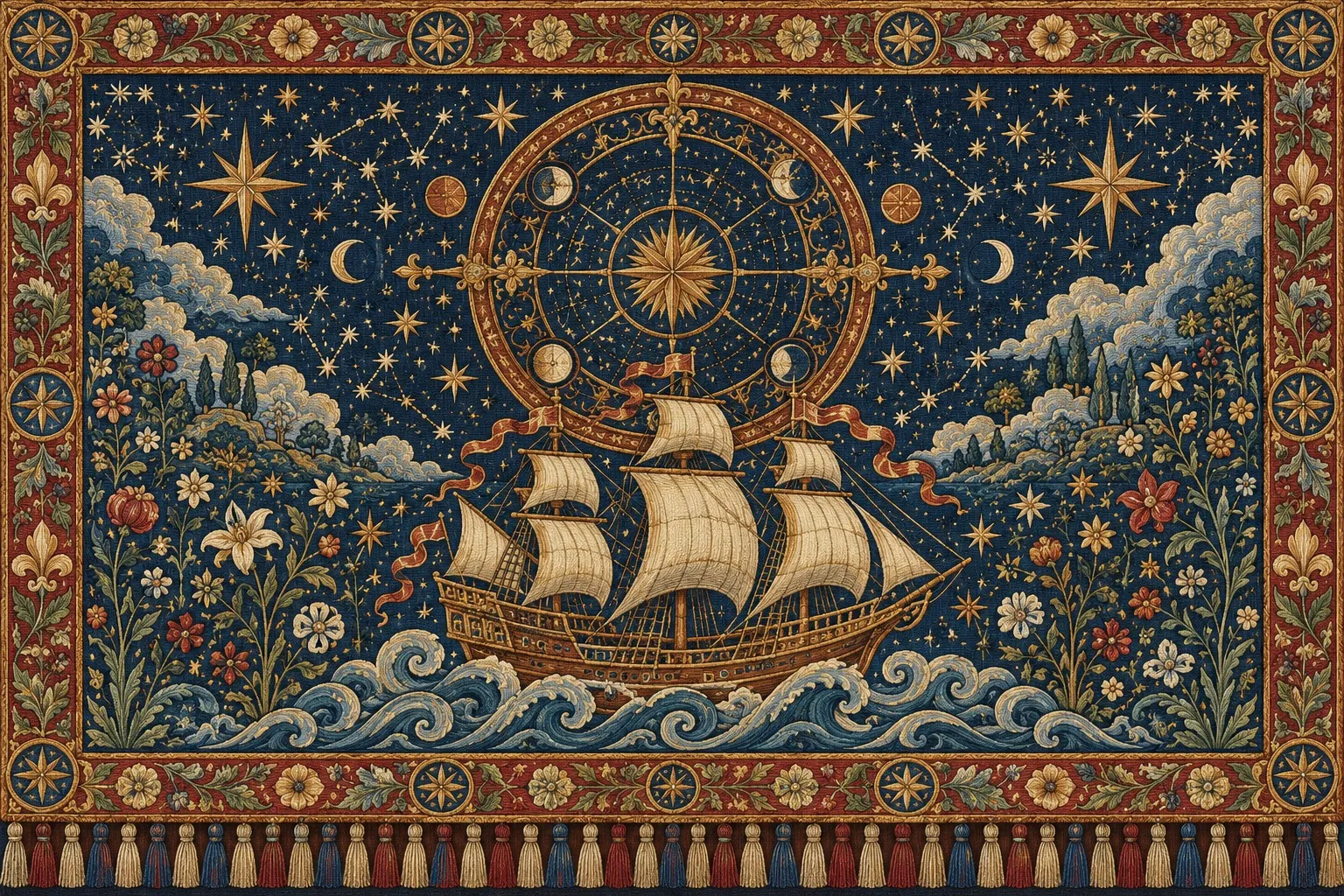 Sea of Stars, a sailing ship on celestial waves