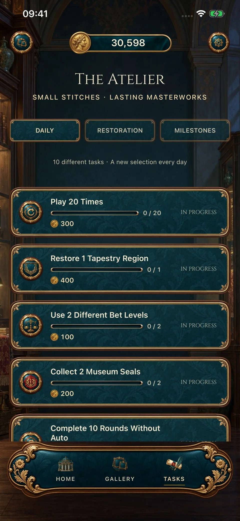 Daily task book with Restoration and Milestones categories